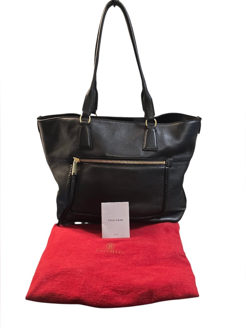 Cole Haan Black Leather Tote with Front Zip Pocket